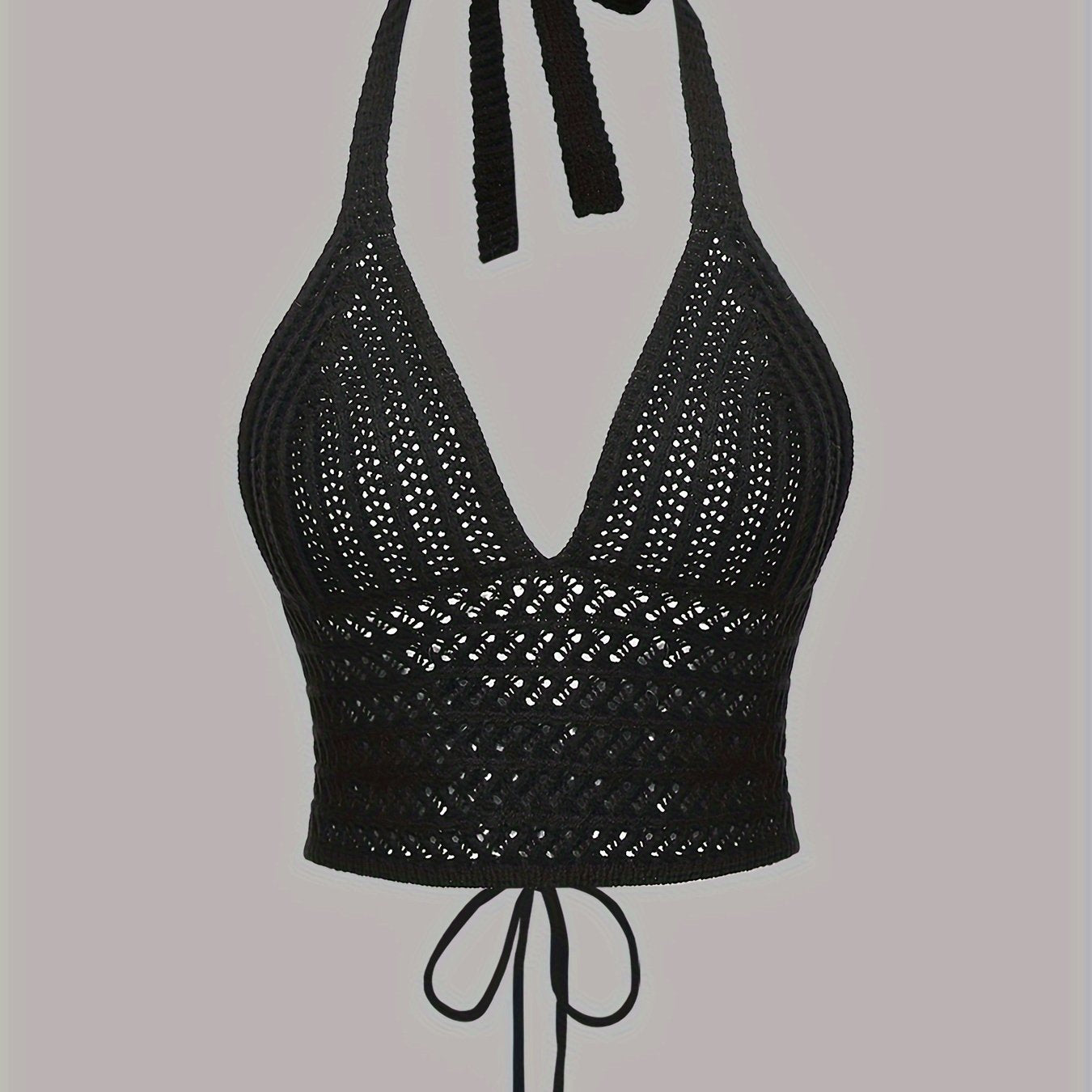 Solid Cross Tie Back Halter Top, Versatile V-neck Backless Crop Knitted Top, Women's Clothing